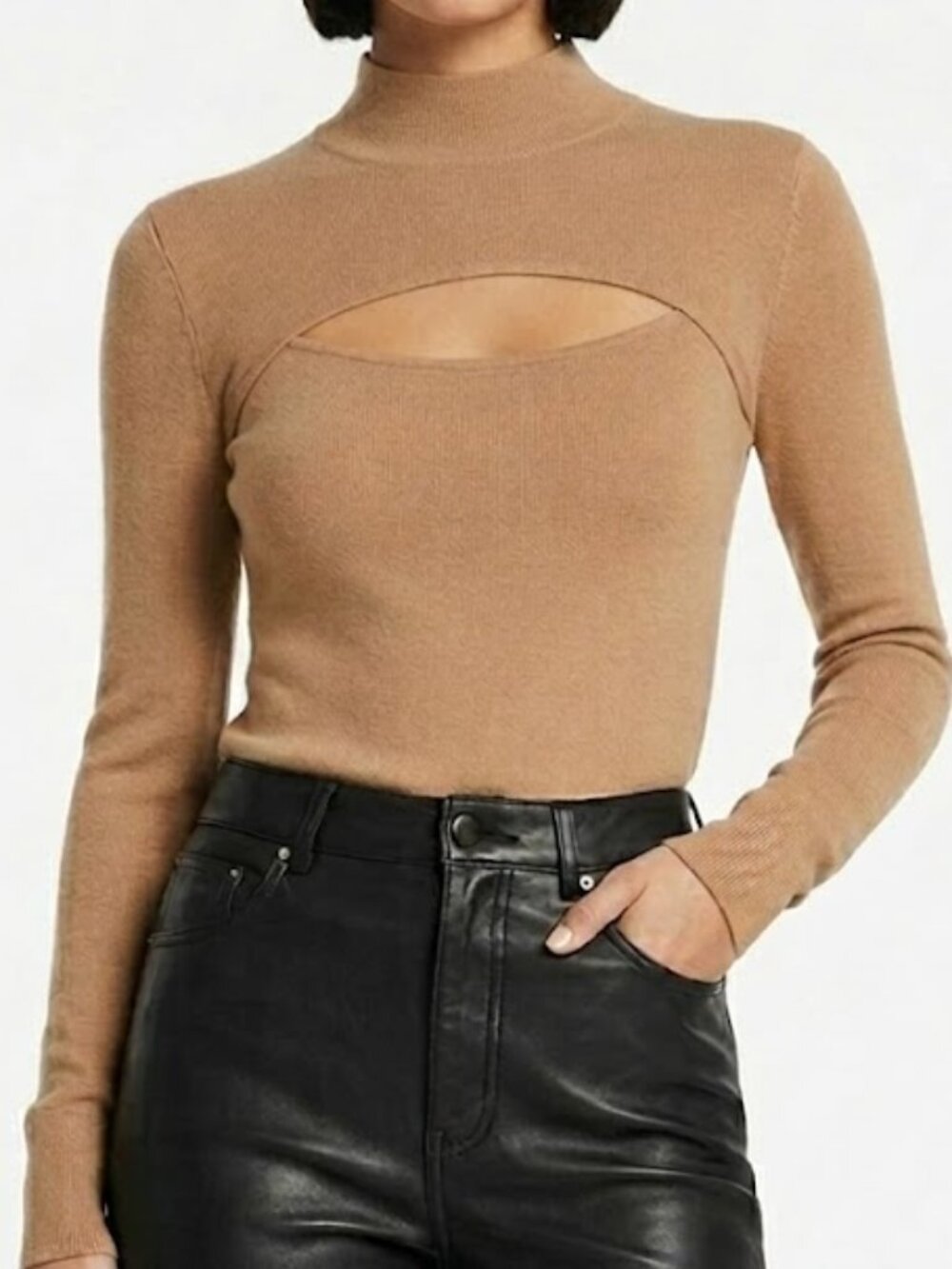 Intermix 100% Cashmere Cutout Mock Neck Sweater Tan Petite
